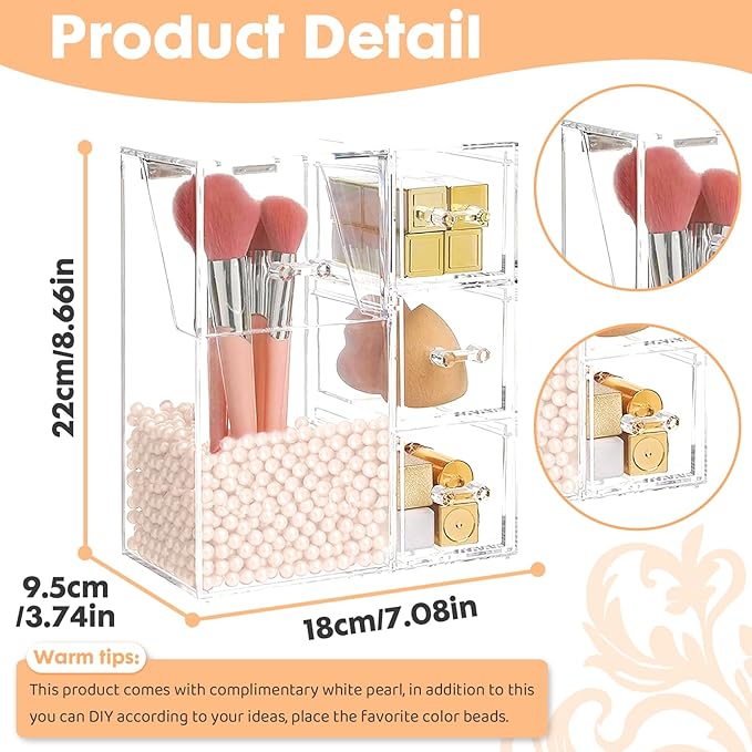 ShellKingdom Makeup Brush Holder,Clear Cosmetic Brushes Organizer With Drawer for Storage Brushes with Lid and Pearl for Dressing Tables and Vanity