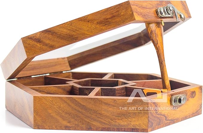 The Art Of International Wooden Spice Box with 7 Partitons & Spoon in Sheesham Wood/Table Top Masala Dabba, Namak Dani for Kitchen Accessories, Multipurpose Decorative Boxes (8X8X2 Inch, Brown)