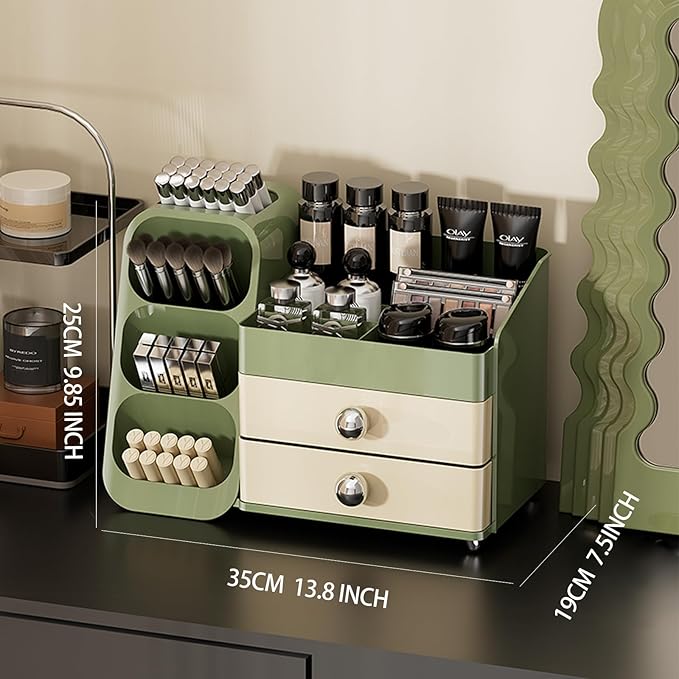 Makeup Organizer Countertop For Women,Brush Holder, Makeup Storage Organizer with 2 Drawers, Spacious Cosmetic Display Case for Beauty Essential, Skincare, Lipstick (Green)