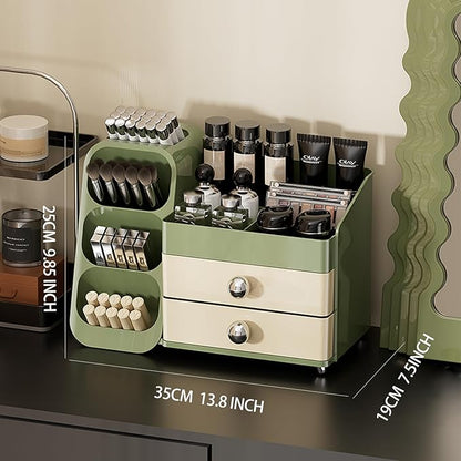 Makeup Organizer Countertop For Women,Brush Holder, Makeup Storage Organizer with 2 Drawers, Spacious Cosmetic Display Case for Beauty Essential, Skincare, Lipstick (Green)