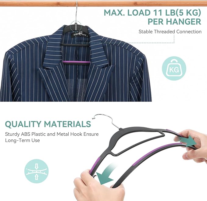 Tonswachic Pack of 50 Coat Hangers, Space-Saving Plastic Clothes Hangers, Non-Slip, 0.2 Inches Slim, 360° Swivel Silver Hook for Shirts, Pants, Suit & Wet/Dry Garments, Purple and Black