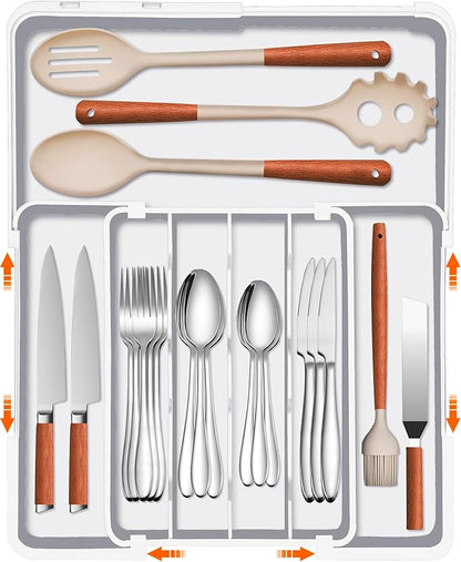 Spaclear Silverware Organizer Extra Deep - Expandable Utensil Drawer Organizer, 19 x 15 Inch Silverware Tray for Kitchen Drawer with 7 Slots, Adjustable Cutlery Tray for Spoons Forks Knives, White