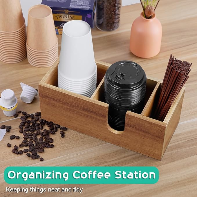 ALELION Acacia Wood Coffee Cup Holder for Countertop - Wood Coffee Bar Accessories and Organizer - Coffe Station Organizer for Cup Lid Stirrers Pod