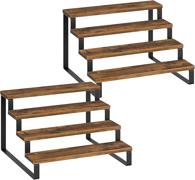 YATINEY Spice Rack, 4 Tier Wooden Display Riser Stand, Kitchen Storage Organizer for Spices, Versatile Display Shelf, Space Saving, for Kitchen Countertop and Cabinet, Rustic Brown SR04L2BR