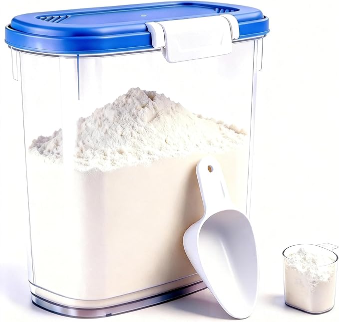 Large Rice Storage Container 20 Lbs - Tall Flour Container with Scoop + Cup - Slim Dry Food Storage Bin for Cereal, Sugar, Beans, Pet Dog Cat Food Container - Kitchen and Pantry Storage Organization