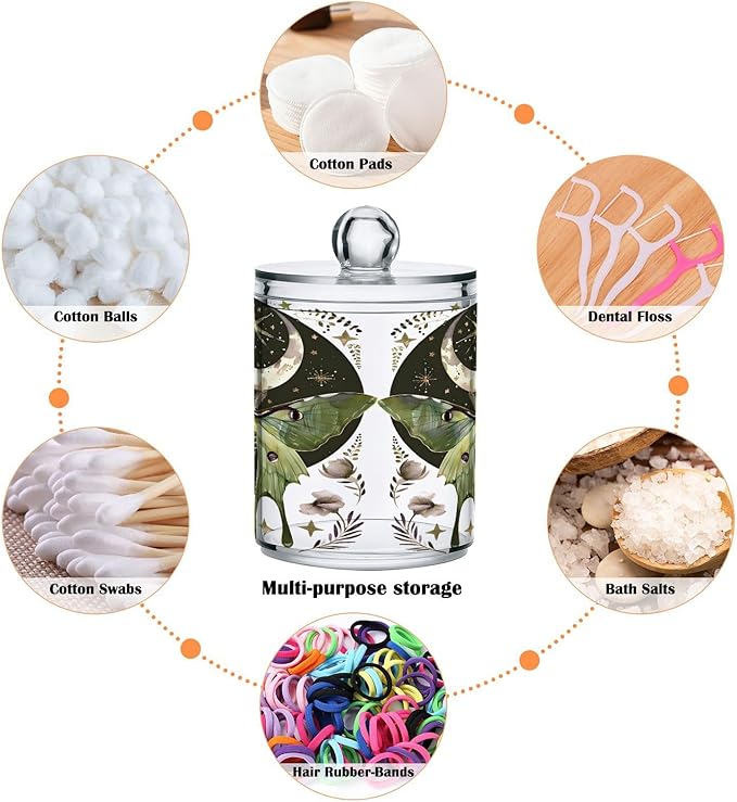 2 Pack Qtip Holder Dispenser for Cotton Ball Luna Moth Moon Swab Round Pads Clear Plastic Acrylic Jar Set Bathroom Canister