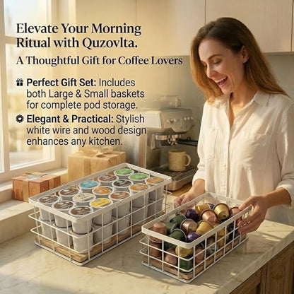 2-Pack White Coffee Pod Holder Basket with Wooden Base - Minimalist Cpffee Pod Organizer for Coffee Station, High-Capacity Wire Capsule Storage for Kitchen Countertop Office