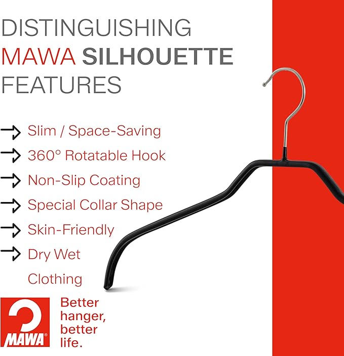 Mawa Clothing Hangers, Steel Hanger with Non-Slip Coating, for Shirts, Dresses, Camisoles, T-Shirts, 360-degree Rotatable Hook