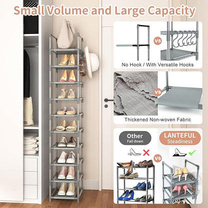 LANTEFUL Narrow Shoe Rack 10-Tier Tall Shoe Organizer Skinny Shoe Shelf Storage for 10-15 Pairs Shoe and Boot, Space Saving Corner Shoe Rack Organizer for Closet, Entryway, Living Room, Grey