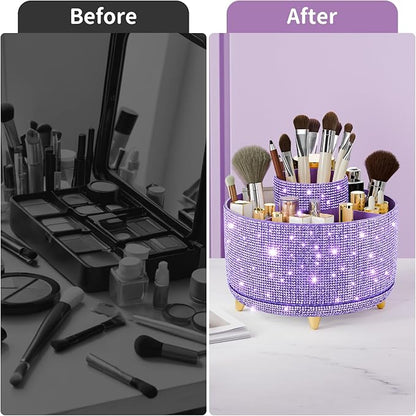 fanado Bling Diamond Makeup Brush Holder, 360° Rotating Makeup Organizer, 5 Slot Make up Brushes Cup for Countertop, Storage for Cosmetics Pen Eyeliner Skincare on the Vanity (Diamond Purple)