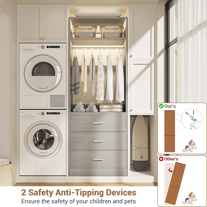 Besiost Closet System Set of 4, 8FT Closet Systems with 12 Wood Drawers, 96" Closet Organizer System with 4 Hanging Rods & 4 Shelves, Heavy Duty 96 Inch Walk-in Closet, Grey (96"L x 15" W x 80" H)