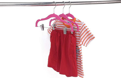 Quality Kids Children's Plastic Non Velvet Non-Flocked Thin Compact Shirt and Skirt/Pant Bundle Coat Hangers with Metal Clips for Skirts Pants Blouses 360° Swivel Hook, Jacket, Pink