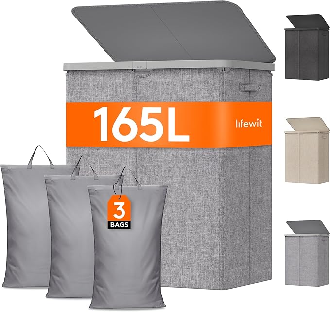 Lifewit 165L Large Laundry Basket with Lid, Laundry Hamper with Plastic Handles and Removable Bag, Foldable Tall Dirty Clothes Hampers for Laundry for Laundry Room, Bedroom, Bathroom, Dorm, Light Gray