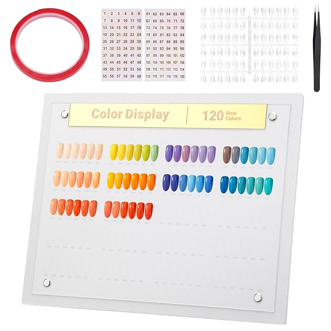 Segbeauty 120 Colors Nail Art Display Board with Accessories, Acrylic Rack Colors Showing Shelf for Nail Sample Display Practice, Nails Stand with False Tips Double Sided Tape Tweezers Number Stickers