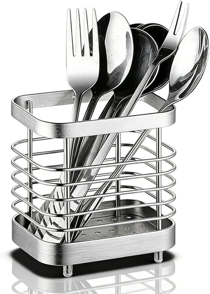 Cyrank Utensil Drying Rack Basket Holder, Stainless Steel Utensil Drying Rack, Flatware Silverware Caddie Holder Basket Organizer Draining Wall Mount No Drilling for Kitchen(S-silver)