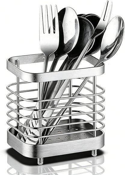 Cyrank Utensil Drying Rack Basket Holder, Stainless Steel Utensil Drying Rack, Flatware Silverware Caddie Holder Basket Organizer Draining Wall Mount No Drilling for Kitchen(S-silver)