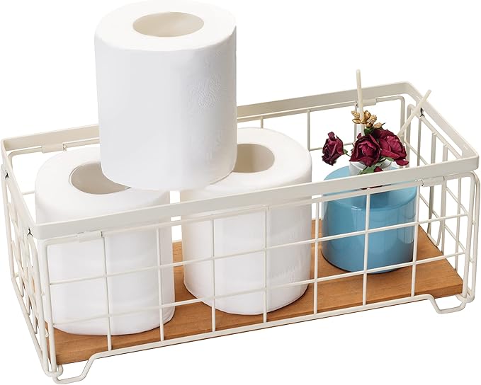 TIEYIPIN Metal Wire Storage Basket, Toilet Paper Roll Holder Wood Base Countertop Decor Box Toilet Tank Shelf Cabinet Organizer for Bathroom Pantry Garage Bedroom Livingroom - Cream White