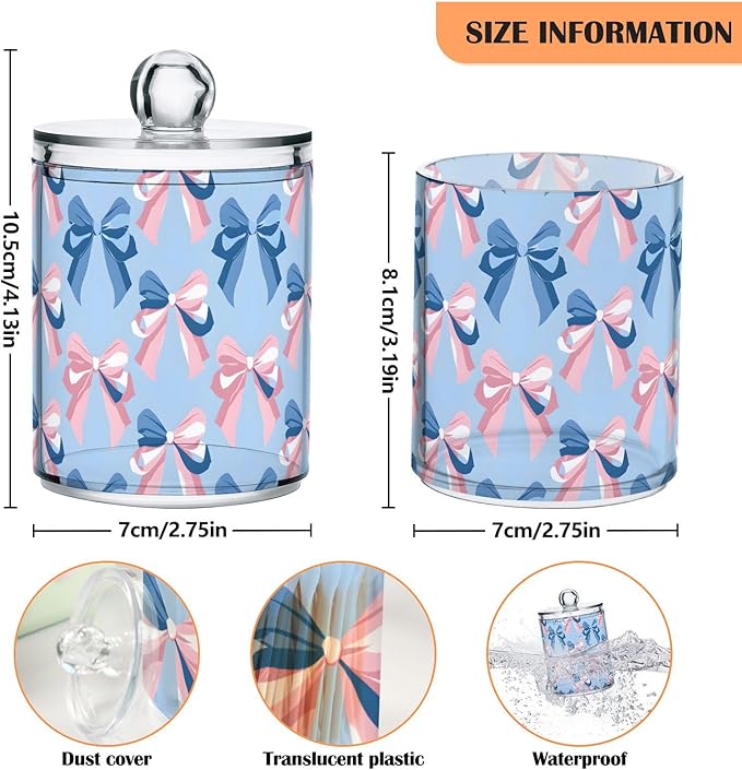 4 Pack Qtip Holder Dispenser Pink Bow Blue Pattern Cotton Ball Swab Round Pads Floss Clear Bathroom Storage Containers Plastic Apothecary Jars with Lids