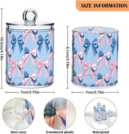 4 Pack Qtip Holder Dispenser Pink Bow Blue Pattern Cotton Ball Swab Round Pads Floss Clear Bathroom Storage Containers Plastic Apothecary Jars with Lids