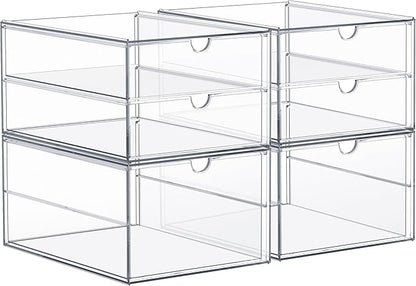 Sorbus Makeup Organizer With 6 Drawers, Acrylic Drawer Organizer for Makeup, Office Organization and Storage, Art Supplies, Jewelry, Stationary - 4 Pcs Clear Stackable Storage Bins Organizer Drawers