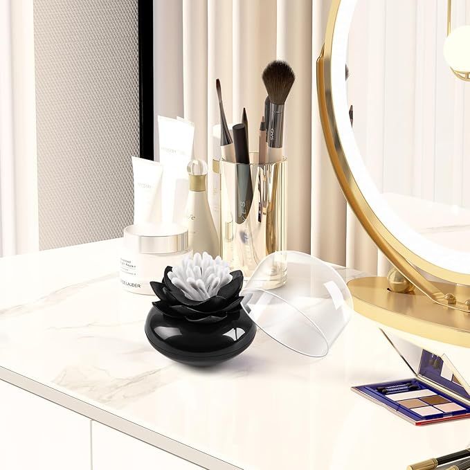 Bloss Lotus Cotton Swab Holder, Cotton Swabs Dispenser, Small Qtips Box, Toothpicks Container, Flower Qtip Holder for Bathroom Decor - Black