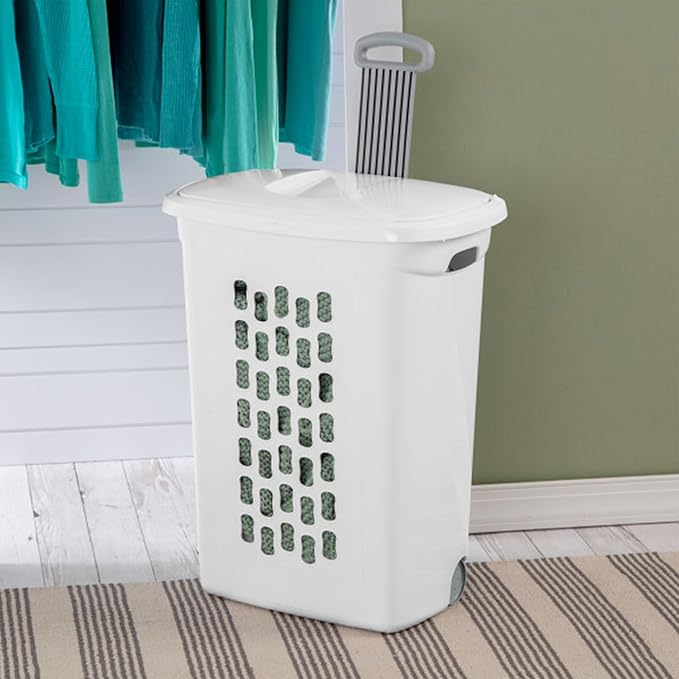 Sterilite 3-Pack Ultra Wheeled Hamper, Laundry Basket w/ Flip-Top Lid & Retractable Handle - Plastic Rolling Clothes Storage Cart with Ventilated Holes for Home, Apartment or Dorm