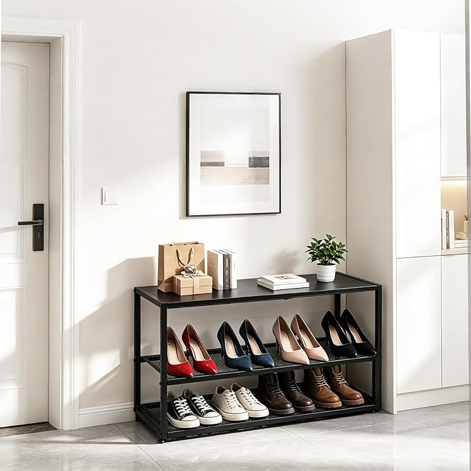 Expandable Shoe Rack,3 Tier Adjustable Metal Shoe Shelf for Closet,Sturdy Free Standing Shoe Storage for Door Entrance,Bedroom,Small Spaces,Black