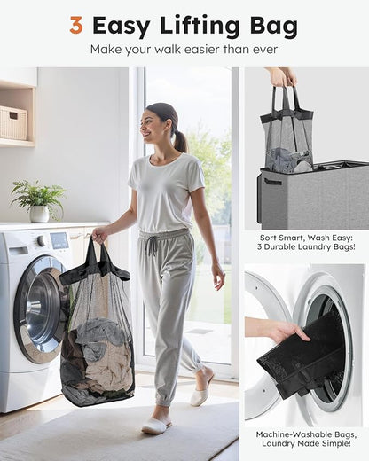 SOLEDI 180L Laundry Hamper 3 Section, Extra Large Laundry Hamper with Lid, Dirty Clothes Hamper with Sturdy Handle, Large Laundry Basket Organizer for Laundry Room, Bedroom, Hampers for Laundry