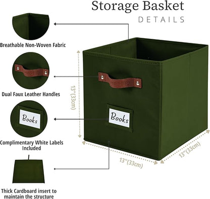 DECOMOMO Storage Cubes, 13x13x13 Storage Cube Bins with Labels, Fabric Organizer Bins (13" / 6pcs, Olive Green)