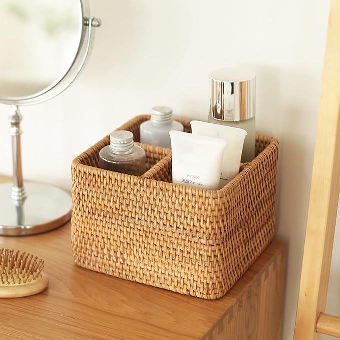 i-lan Natural Rattan 4 Compartments Cooking Utensil Silverware Organizer Holder Cosmetics Storage Box Cutlery Caddy Flatware Serving Basket (180mm 4-Compartment Box)