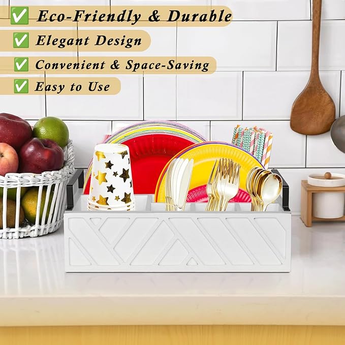 Paper Plate Dispenser with Utensil Caddy, Rustic Wooden 6-Compartment Flatware Organizer for Kitchen Counter, Picnic & Parties (White)