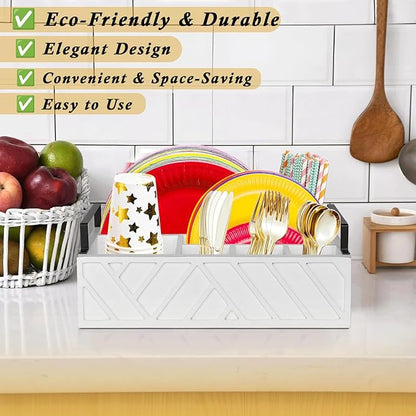 Paper Plate Dispenser with Utensil Caddy, Rustic Wooden 6-Compartment Flatware Organizer for Kitchen Counter, Picnic & Parties (White)
