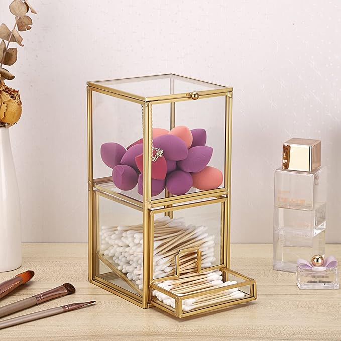 Hipiwe Gold Glass Qtip Holder with Lid 2 Compartments Cotton Balls Swab Organizer Cotton Round Pads Holder Makeup Pad Cosmetic Storage Case Q-tip Dispenser for Dresser Countertop