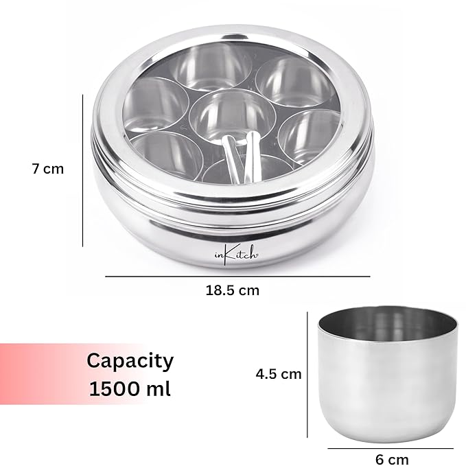 Stainless Steel Belly Shape Spice Box | Masala Dabba | Multipurpose Container/Organizer with See Through Lid with 7 Containers and Small Spoon/Medium