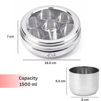 Stainless Steel Belly Shape Spice Box | Masala Dabba | Multipurpose Container/Organizer with See Through Lid with 7 Containers and Small Spoon/Medium