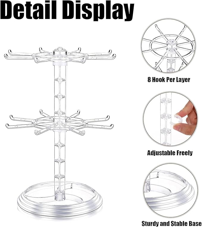 Rotating Jewelry Stand, 2 Tier Necklace Holder Bracelet Hanging Organizer Keychain Jewelry Display Stand Plastic Jewelry Rack for Malls Counter Dressing Table (Clear)
