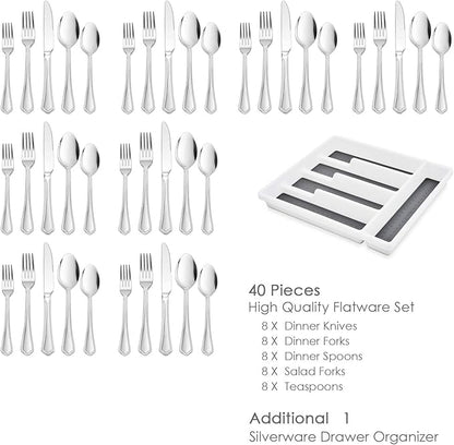 HaWare 40-Piece Silverware Set with Drawer Organizer Tray, Stainless Steel Flatware Cutlery Utensils, Timeless and Elegant Design for Home Hotel Wedding, Mirror Polished and Dishwasher Safe