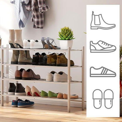 viewcare White 4-Tier Long Shoe Rack, Bamboo Wood, 33-Inch