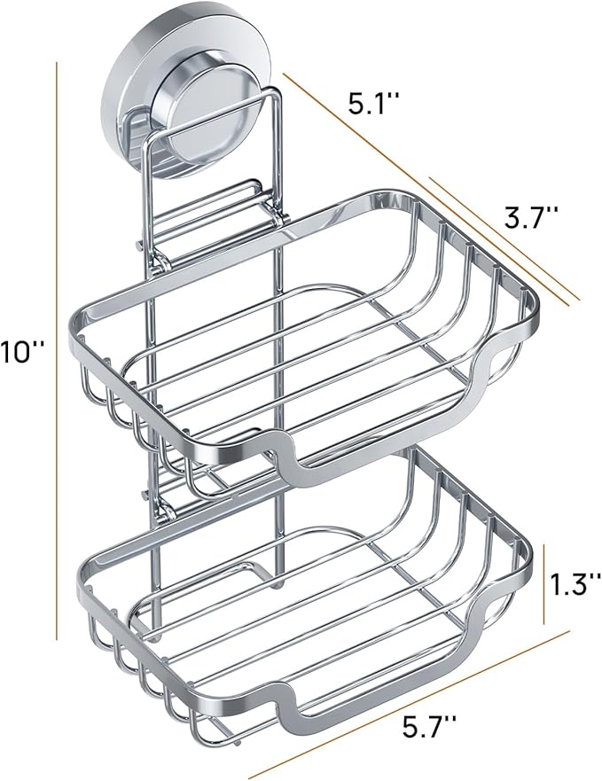 LEVERLOC Double Layer Soap Dish, Bar Soap Holder for Shower Wall, Vaccum Suction Cup Sponge Holder for Bathroom Tub Kitchen Sink, Stainless Steel, Waterproof, Removable, Silver