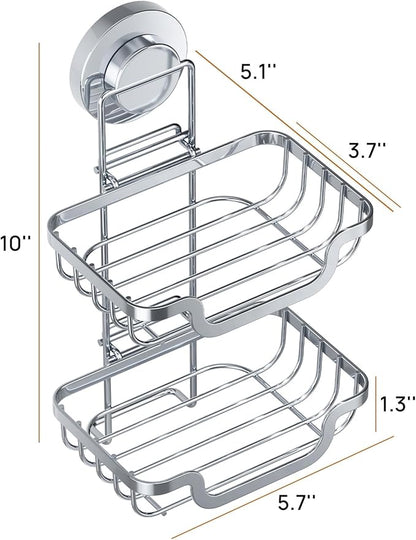 LEVERLOC Double Layer Soap Dish, Bar Soap Holder for Shower Wall, Vaccum Suction Cup Sponge Holder for Bathroom Tub Kitchen Sink, Stainless Steel, Waterproof, Removable, Silver