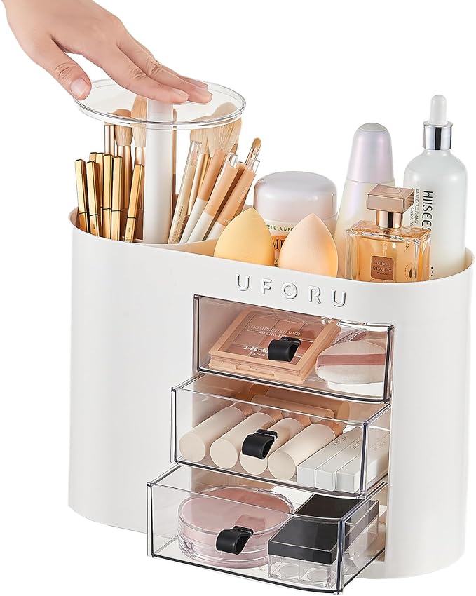 UFORU Makeup Organizer with Pop-Up Brush Holder for Dresser Vanity, Plastic Bathroom Counter Organizer with 3 Drawers & Dust-Proof Cover, Cosmetic Display Case for Lipstick, Skincare, White