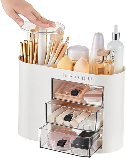 UFORU Makeup Organizer with Pop-Up Brush Holder for Dresser Vanity, Plastic Bathroom Counter Organizer with 3 Drawers & Dust-Proof Cover, Cosmetic Display Case for Lipstick, Skincare, White