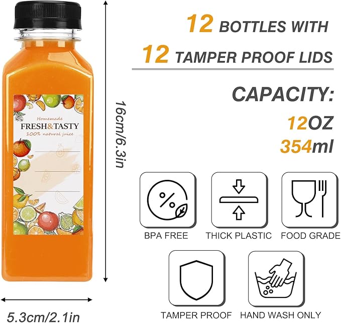 TOMNK 12pcs Juice Bottles, 12oz Reusable Plastic Juice Containers Bottles with Caps and Labels, Funnel, Brush Beverage Containers for Juicing, Smoothies, Tea, Milk