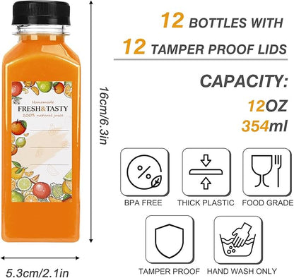 TOMNK 12pcs Juice Bottles, 12oz Reusable Plastic Juice Containers Bottles with Caps and Labels, Funnel, Brush Beverage Containers for Juicing, Smoothies, Tea, Milk