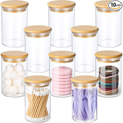 Dimeho 10 Pack Glass Apothecary Jars with Lids Holder Bathroom Canisters Restroom Bedroom Vanity Organizer Small Clear Cotton Balls Dispenser Vanity Makeup Storage Accessories