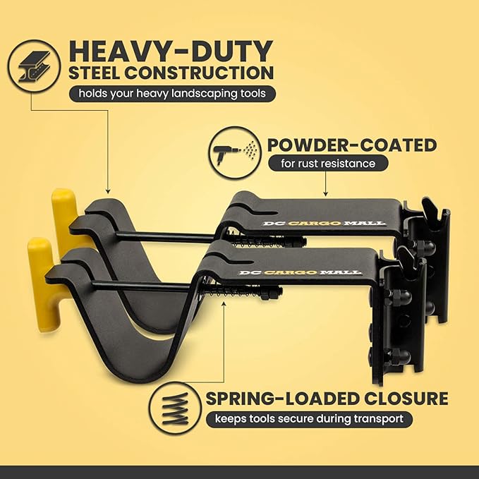 DC Cargo Mall E Track Tool Holder with Locking Handle – (2 Pack) Heavy Duty Weed Eater, Trimmer & Shovel Rack for Enclosed Trailers