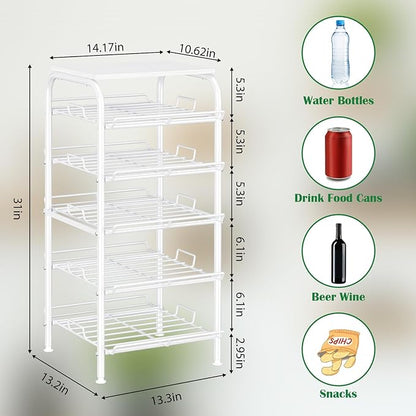 Water Bottle Organizer 5 Tier Free Standing Water Bottle Storage Rack Metal Water Bottle Rack Shelf Large Capacity Bottled Water Holder Beverage Soda Drink Stand for Kitchen Pantry Office,White