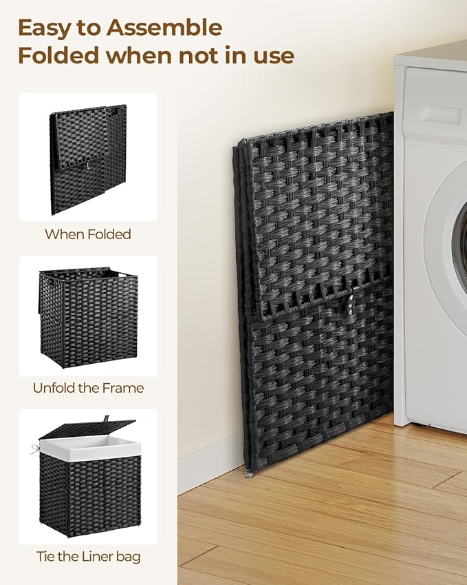 Greenstell Laundry Hamper with Lid, 125L Laundry Basket with 2 Removable Liner Bags & 2 Mesh Bags, Handwoven Synthetic Rattan Clothes Hamper for Clothes, Toys in Bathroom, Bedroom, Foldable, Black