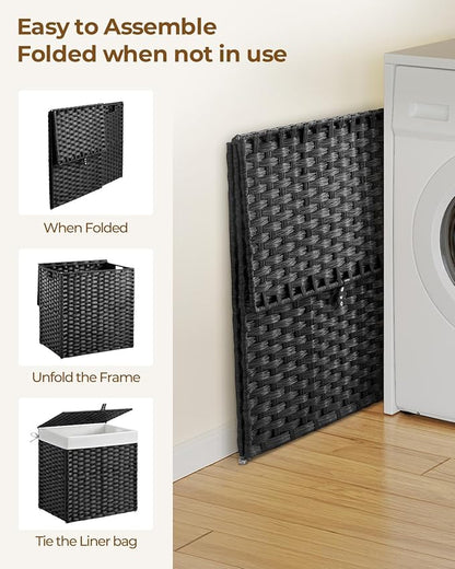 Greenstell Laundry Hamper with Lid, 125L Laundry Basket with 2 Removable Liner Bags & 2 Mesh Bags, Handwoven Synthetic Rattan Clothes Hamper for Clothes, Toys in Bathroom, Bedroom, Foldable, Black