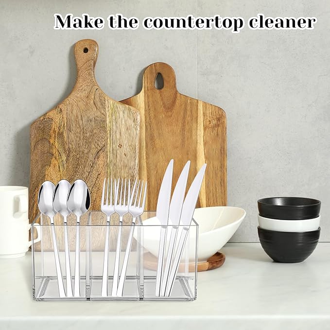 Rainmae 2Pack Acrylic Cutlery Storage Organizer, Plastic Cutlery Utensil Holder Storage Organizer Caddy for Kitchen Countertop Organization - Holds Fork, Knife, Spoon, Silverware Tableware Storage Box